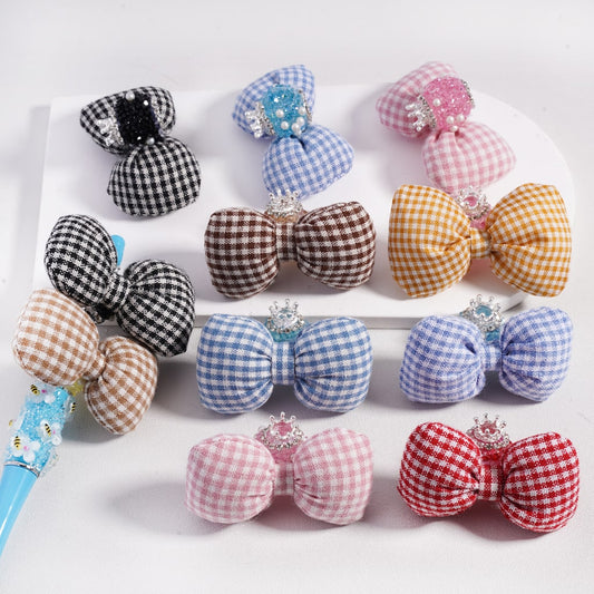 Large Padded Checkered Cute Bowknot with Mini Silver Alloy Crown, Clear Rhinestones, Chains & White Pearls Sugar Acrylic Beads
