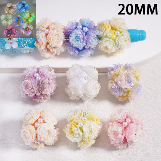 Luminous Cute Mini Glitter Flowers & White Pearls Round Clay Beads 20mm Random Mix