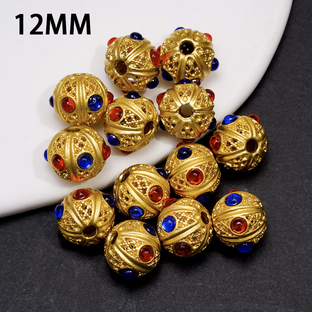 Gold Hollow Web Texture Alloy Beads Ball with Red and Blue Rhinestones, 12MM