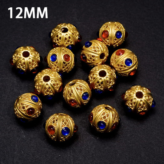Gold Hollow Web Texture Round Alloy Beads Ball with Red and Blue Rhinestones 12MM