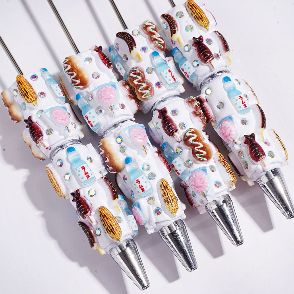 Cute Japanese Candy & Snack Food Beverage Theme Beadable Clay Pens with AB Rhinestones