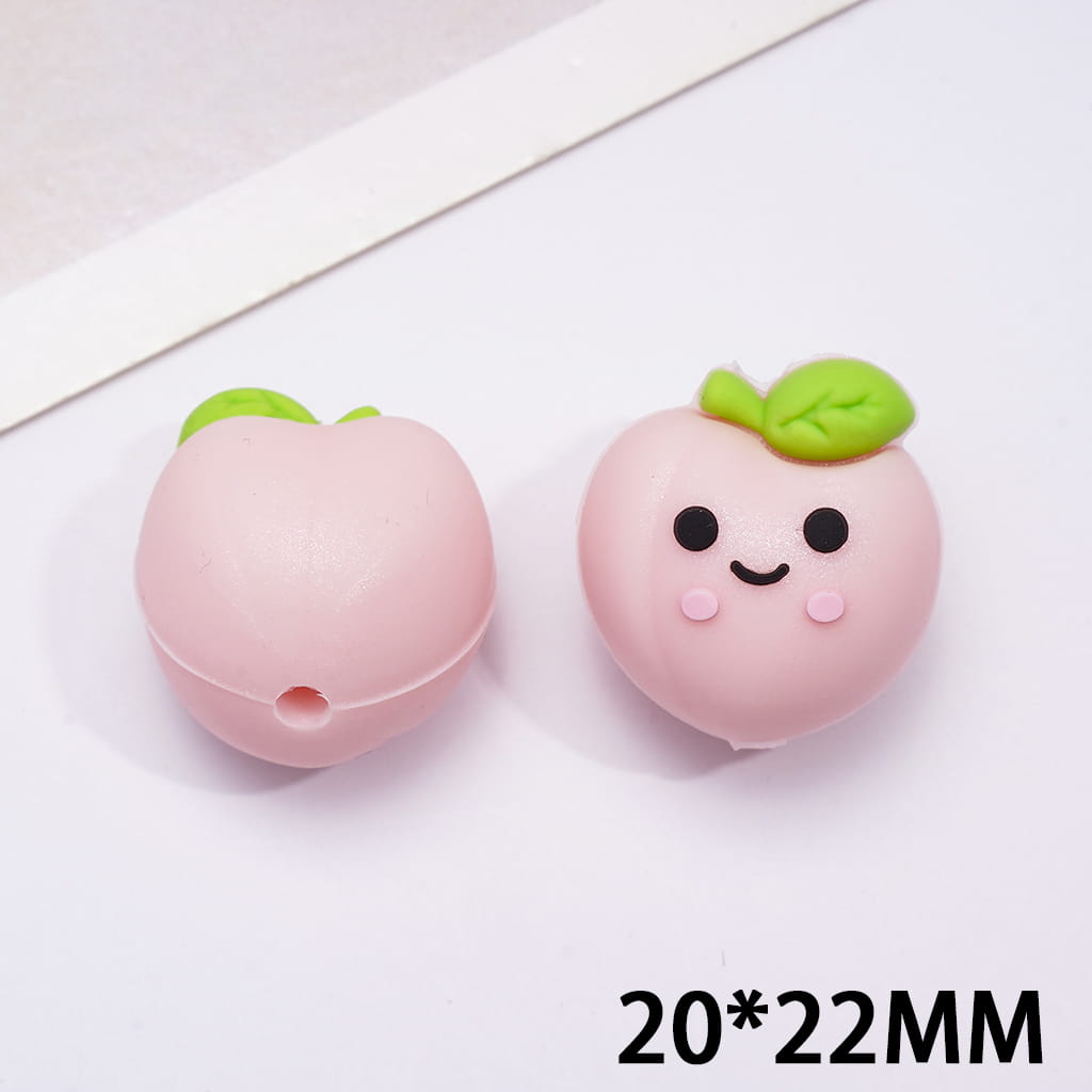 Silicone Focal Beads 3D Juicy Peach with Smiling Face, Pink and Light Peach Pink