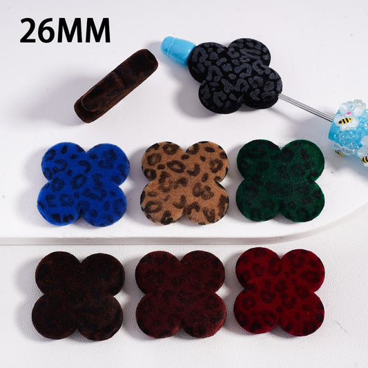 Cute Flocked Fluffy Jaguar Print Four Leaf Clover Acrylic Beads 26MM, Random Mix