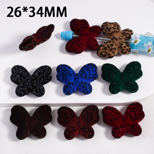 Cute Flocked Fluffy Jaguar Print Cute Butterfly Solid Color Acrylic Beads 26*34MM, Random Mix