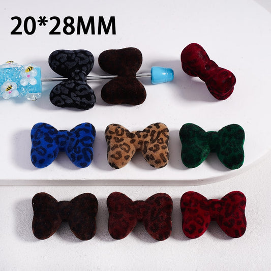 Cute Mini Fluffy Flocked Jaguar Print Bowtie Bowknot Acrylic Beads 20*28MM, Random Mix