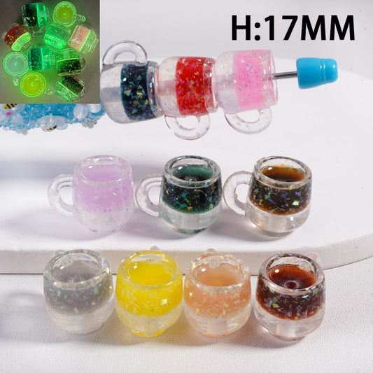 Luminous Little Mini Tea Cup with Glitter Flakes Inside Clear Acrylic Bead 17MM, Random Mix