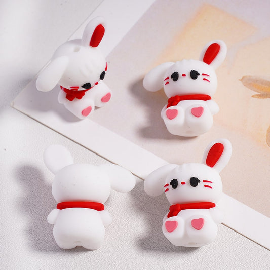 3D Cute Bunny Rabbit with Red Scarf Silicone Focal Bead