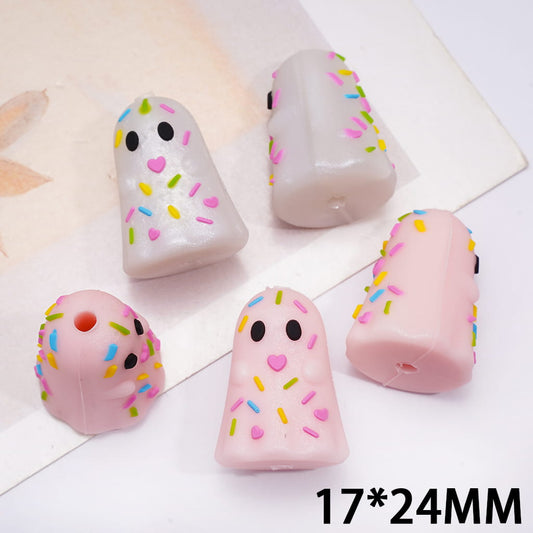 3D Pink and Silver White Halloween Ghost with Sprinkles Silicone Focal Beads