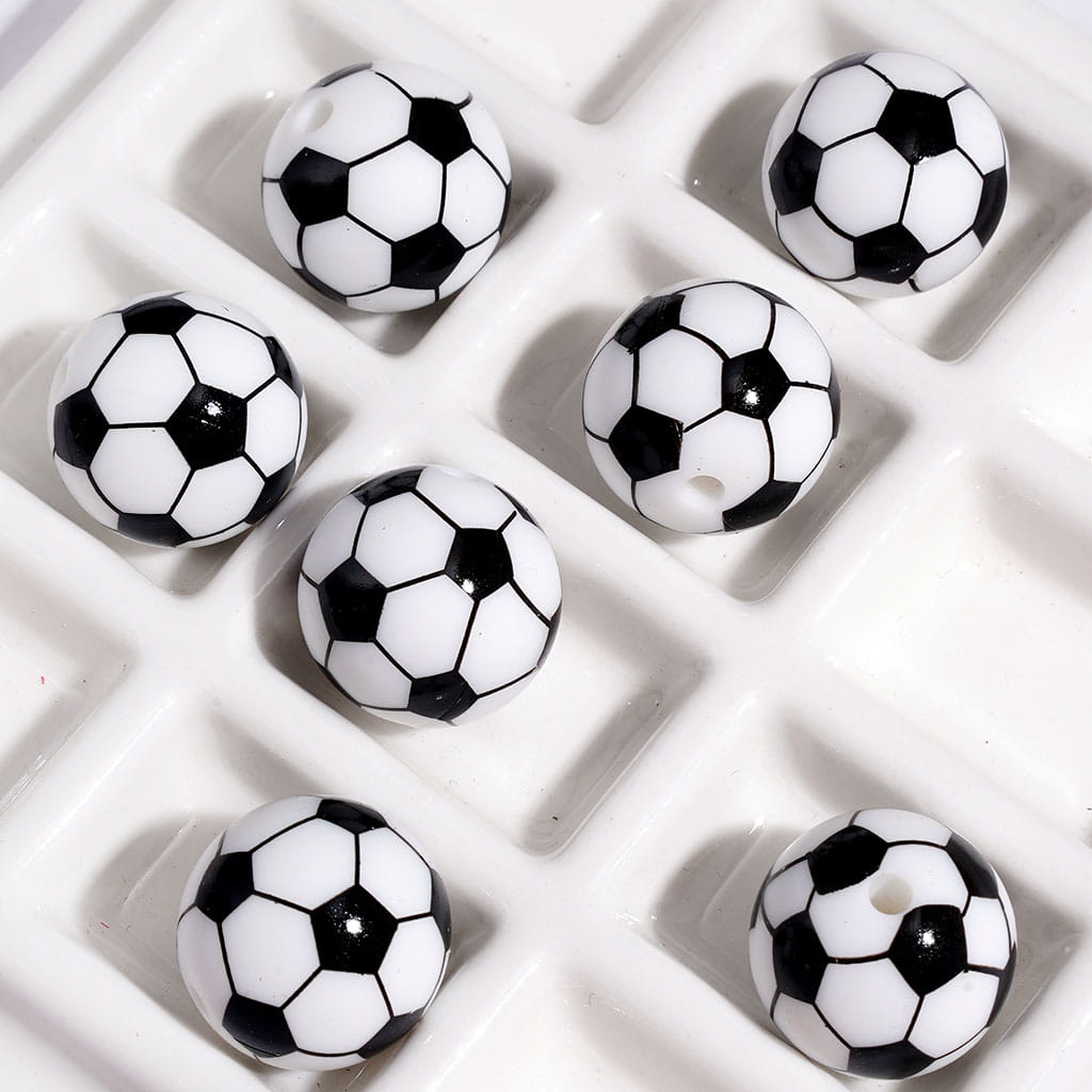 Soccer Ball Football Design Sports Theme Print Round Silicone Beads, Multi-Color Random Mix