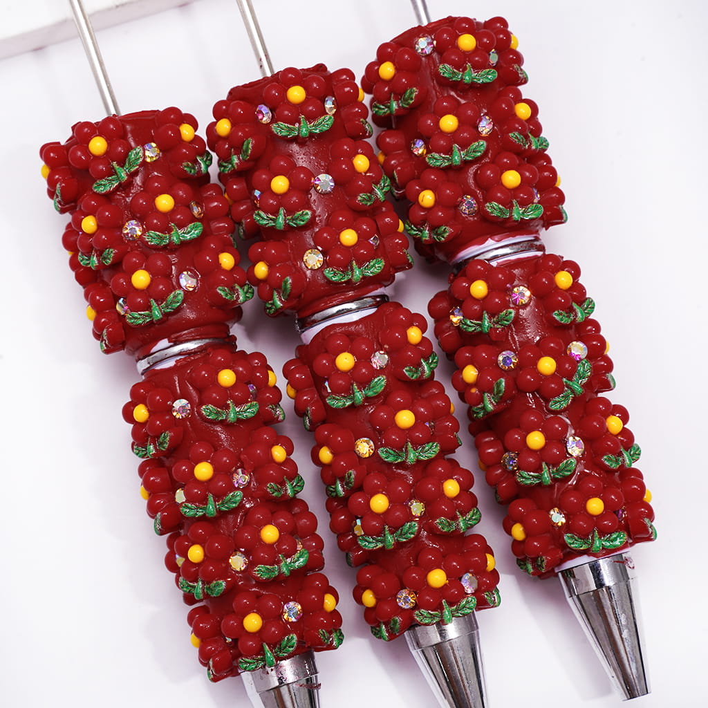 Beadable Clay Pens with Red Flowers and AB Rhinestones