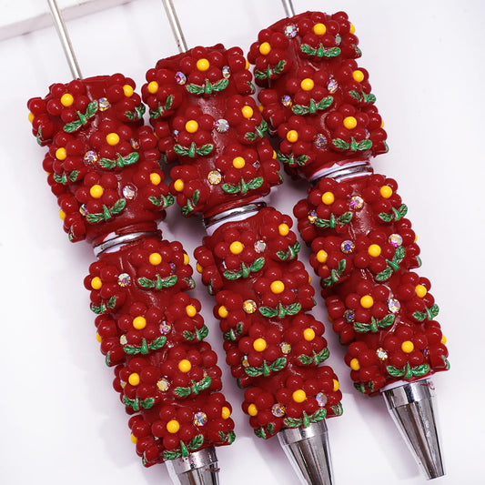 Cute Mini Red Flower Design and AB Rhinestones on Beadable Clay Pens