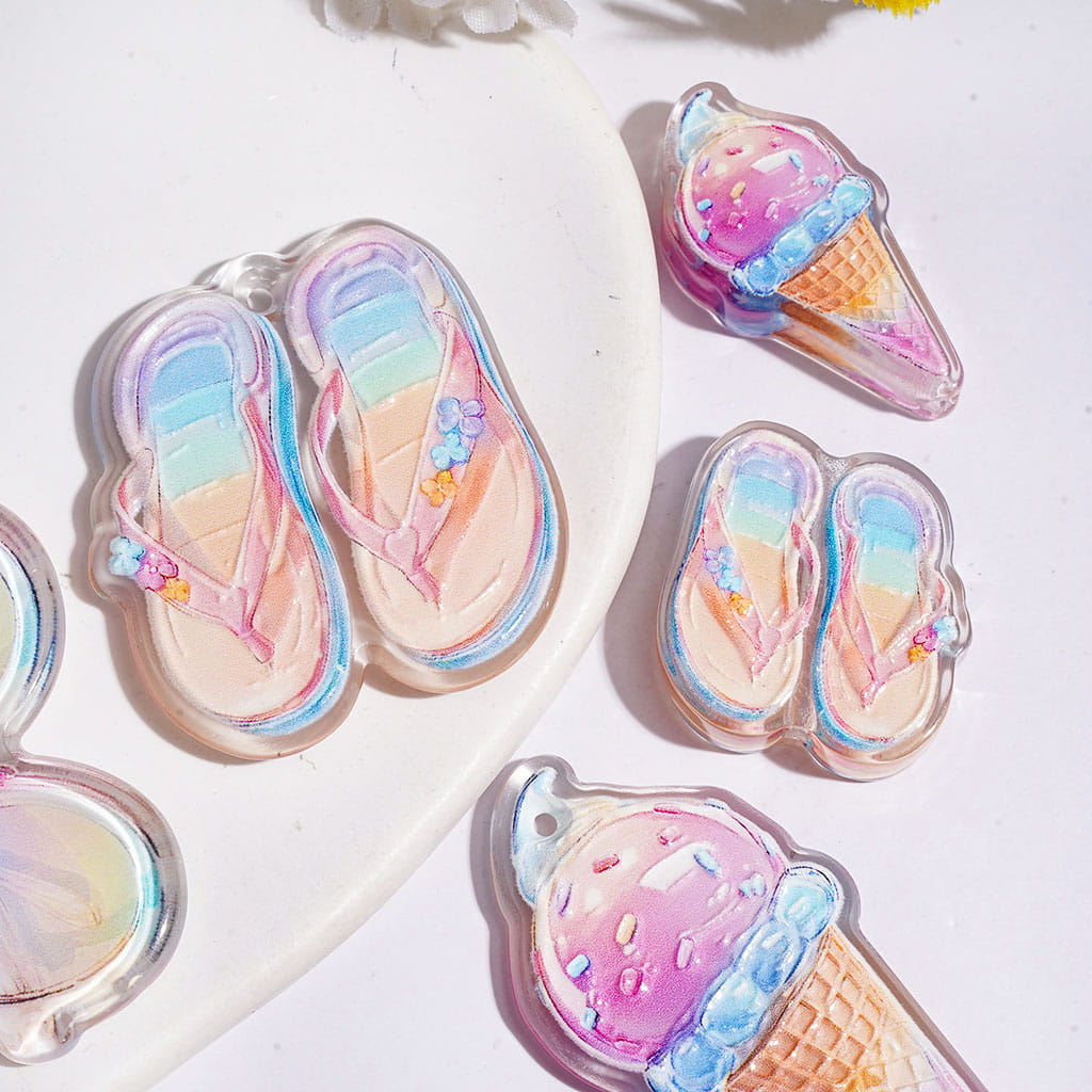 Summer Ice Cream, Hat & Flip-Flop Design Printed Acrylic Pendants, Large Size, Assorted Shapes, Random Mix
