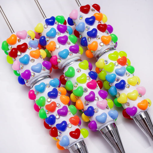Cute Mini Neon Color Hearts and AB Rhinestones on Beadable Clay Pens