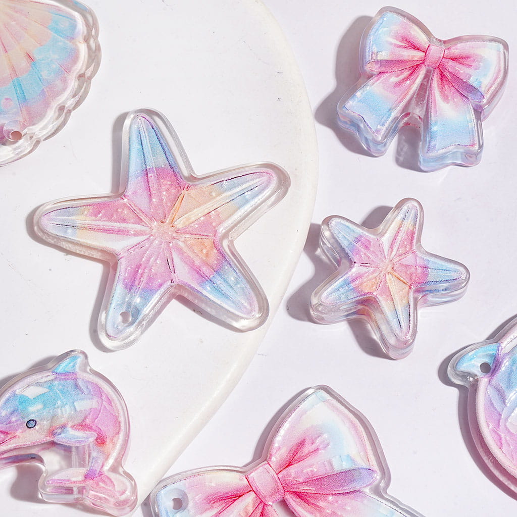 Ocean & Beach Theme Bow, Starfish, Dolphin & Seashell Design Printed Acrylic Beads, Small Size, Assorted Shapes, Random Mix