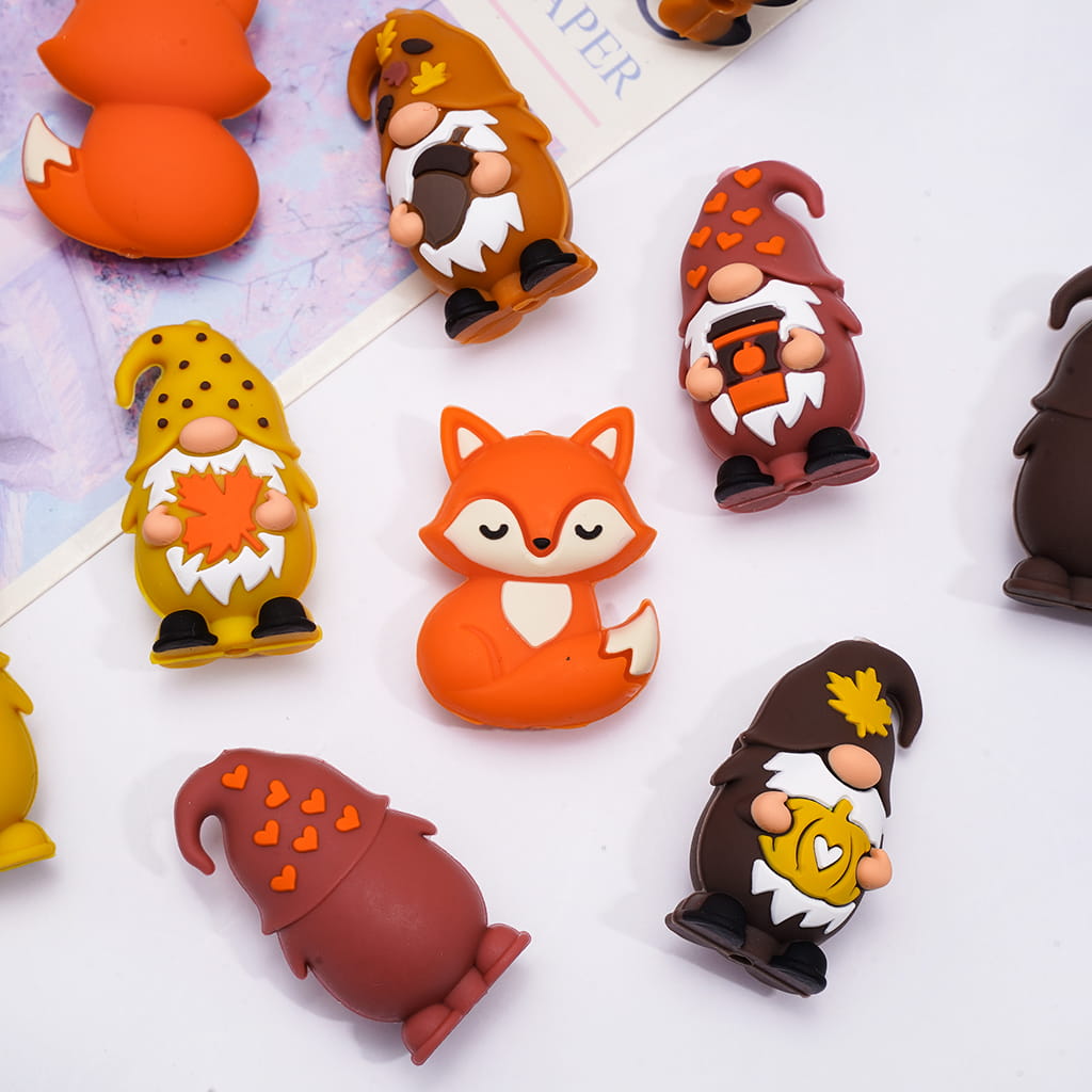 3D Gnome Elf Series and Sleeping Fox Various Colors Autumn Theme Silicone Focal Beads