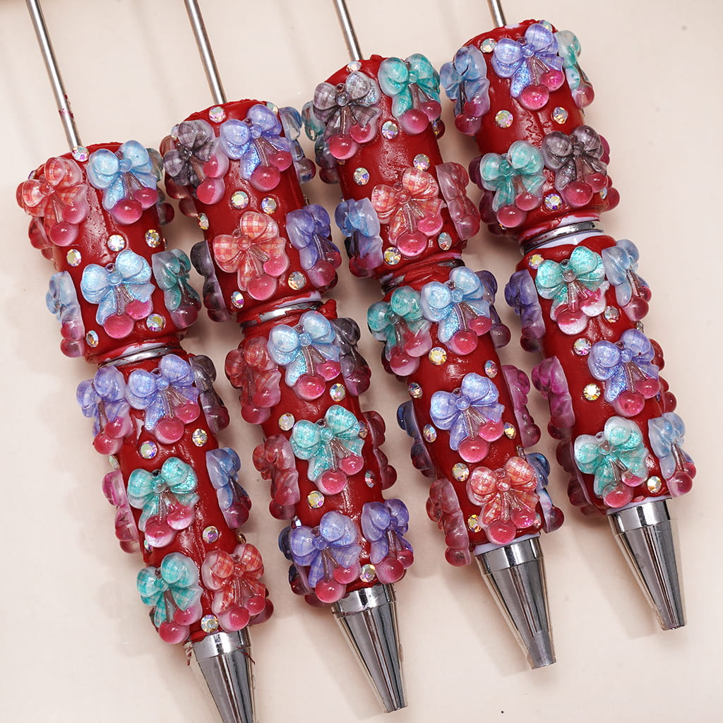 Beadable Clay Pens with Glittery Bowtie Cherry and AB Rhinestones