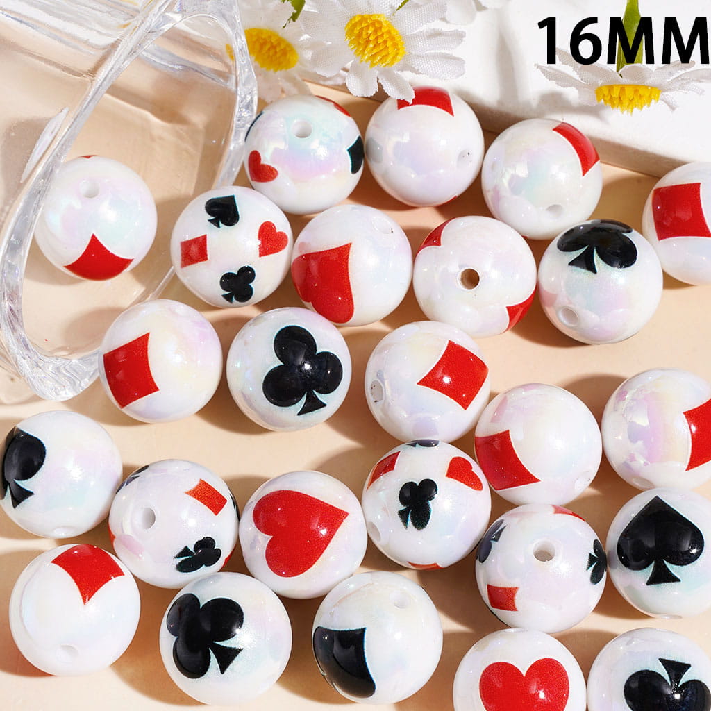 UV Coating Playing Card Poker Suit Design White Round Acrylic Beads for Bracelets, Assorted Designs, Random Mix