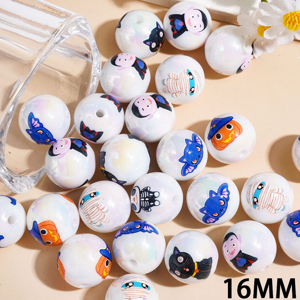 UV-Coated Cute Halloween Character Printed White Acrylic Beads for Bracelets, 16MM Random Mix