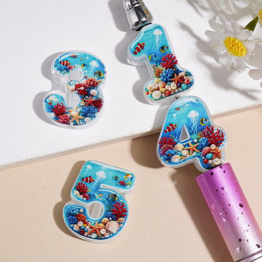 Ocean Coral Reef Number Design Printed Acrylic Beads, Assorted Numbers, Random Mix