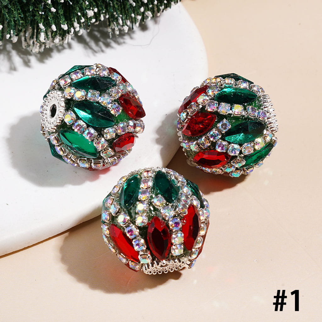 Christmas Red & Green Heart & Marquise Cut Rhinestones Handmade Acrylic Beads White Pearl & AB Rhinestone Chains, 20MM