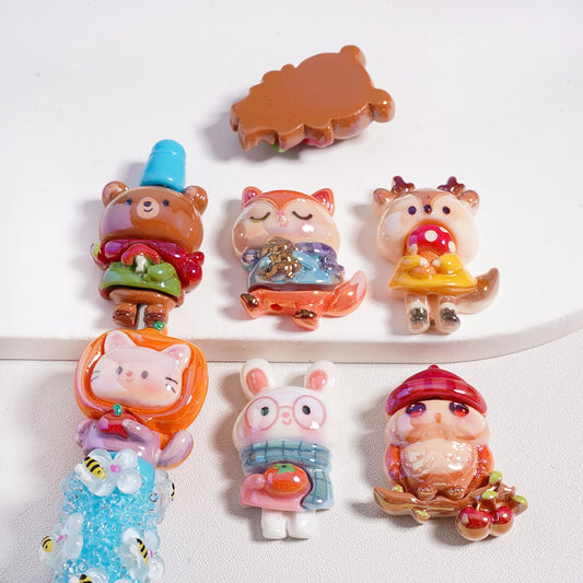 UV Coated Cute Animal Different Shape Fox, Deer, Cat, Owl, Bunny, Bear Flat Back Acrylic Beads Random Mix