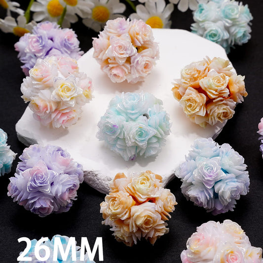 Luminous Glitter Blooming Flower Round Clay Beads in Ombre Colors, Around 26MM, Random Mix