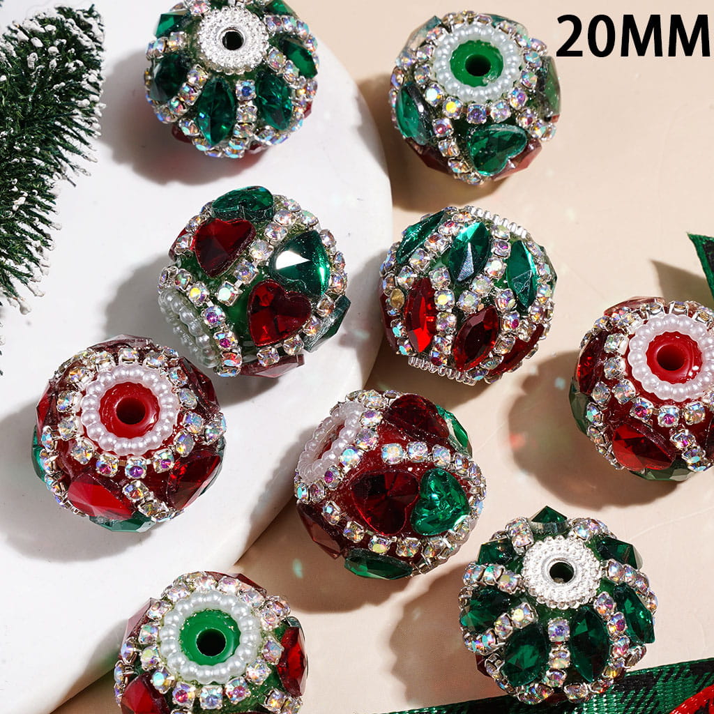 Christmas Red & Green Heart & Marquise Cut Rhinestones Handmade Acrylic Beads White Pearl & AB Rhinestone Chains, 20MM