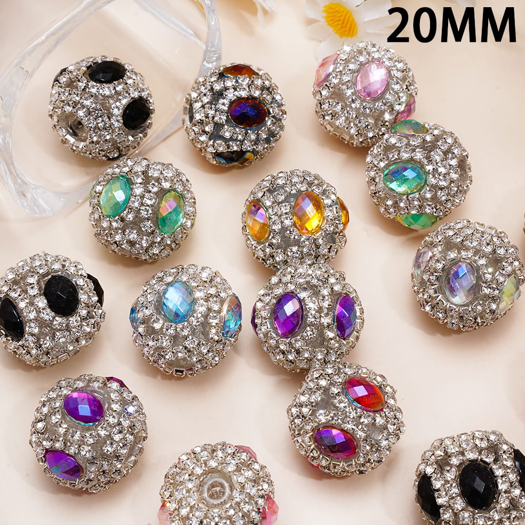 Handcrafted Acrylic Beads with Oval Rhinestones and Clear Rhinestone Chains, 20MM, Multi-Color, Random Mix