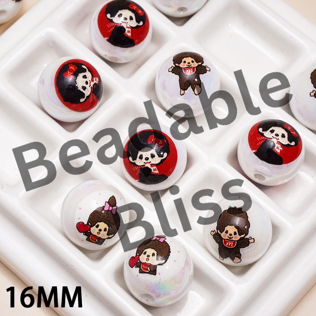 Acrylic Beads for Bracelets UV Coating Monkey Doll Character Series, 16MM, Random Mix