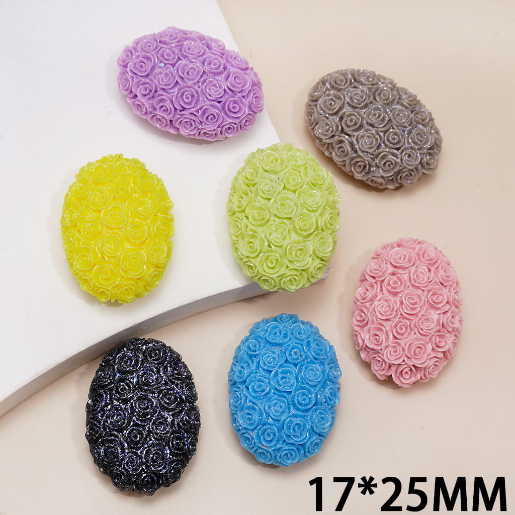 Oval Acrylic Beads with Rose Flowers, 17*25MM, Multi-Color, Random Mix