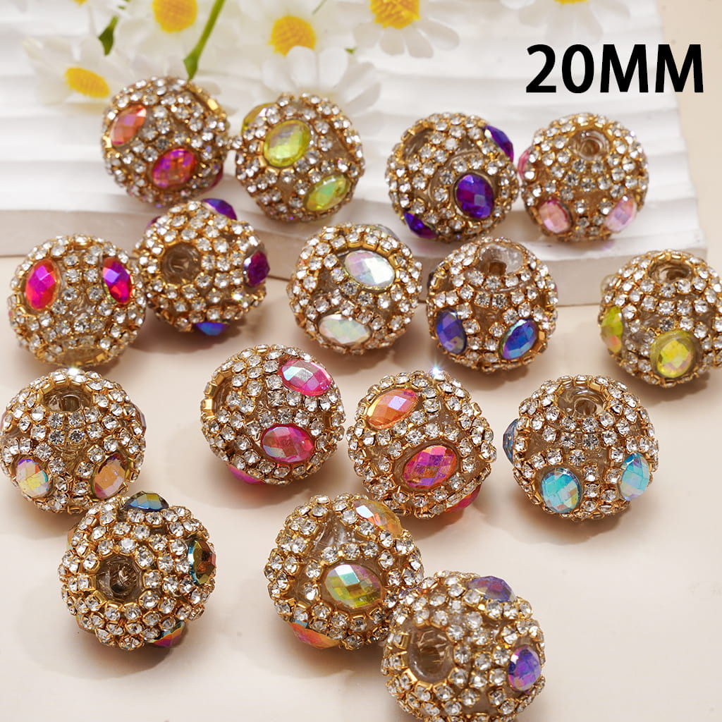Hand-Made Acrylic Beads with Shiny Oval Rhinestones, Gold Alloy Chains with Clear Rhinestones, 20MM, Random Mix