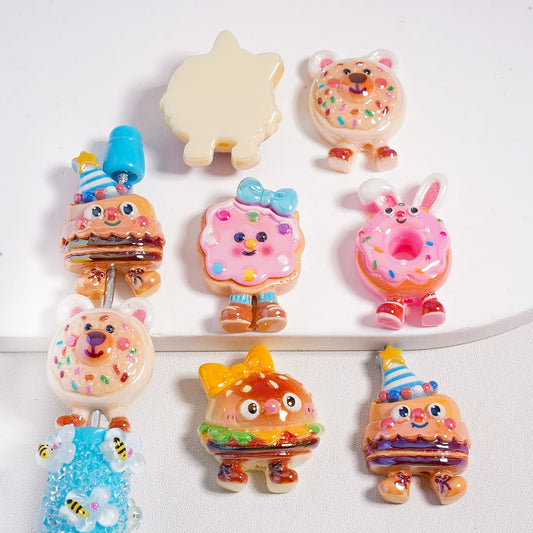 UV Coated Sweet Dessert Different Shape Cake, Bread, Doughnut & Burger Flat Back Acrylic Beads Random Mix