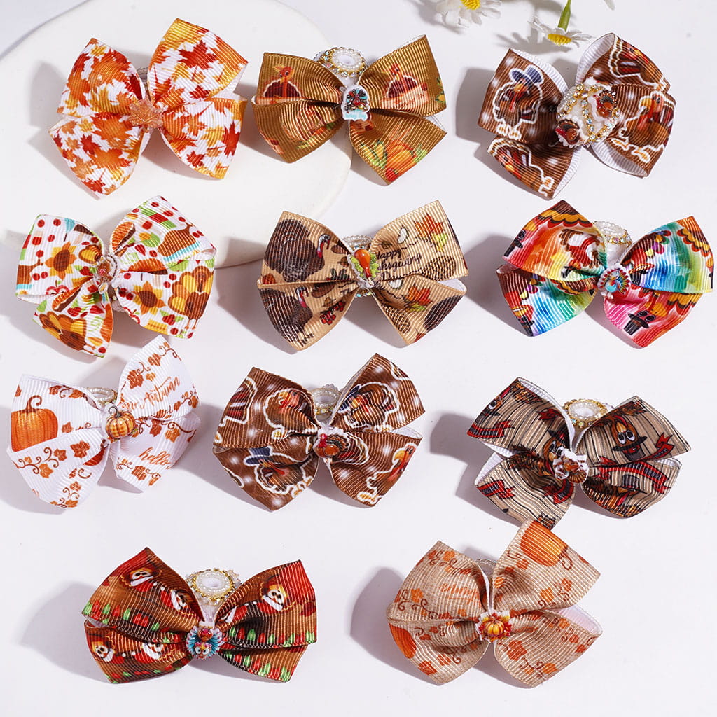 Thanksgiving Fabric Bowtie Acrylic Beads, Turkey Pumpkin Chicken Leg Truck Corn Maple Leaf, AB Rhinestone & White Pearl Chains, Random Mix