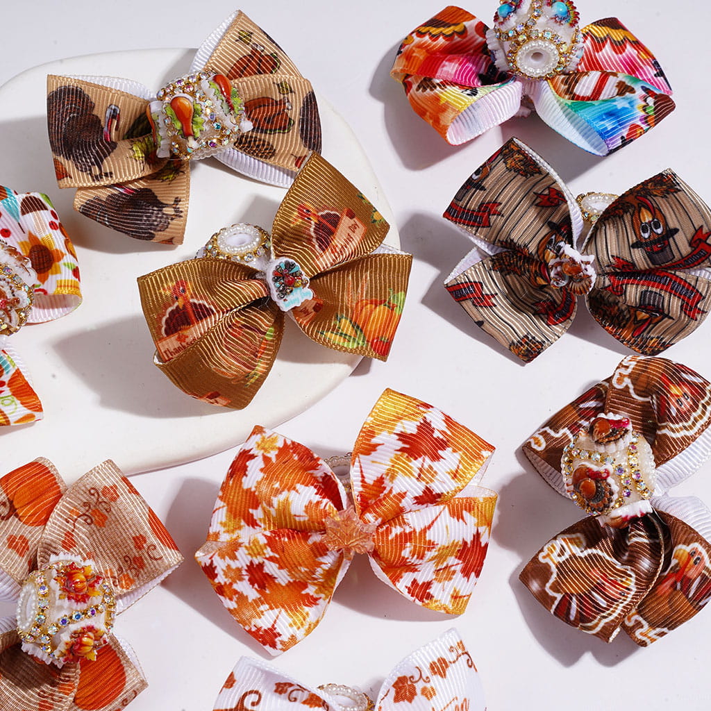 Thanksgiving Fabric Bowtie Acrylic Beads, Turkey Pumpkin Chicken Leg Truck Corn Maple Leaf, AB Rhinestone & White Pearl Chains, Random Mix