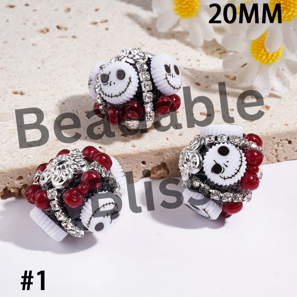 20MM - Handcrafted Acrylic Beads with Skull Skeleton Couple Character and Bowtie, Silver Metal Flower Base and Clear Rhinestone Chains