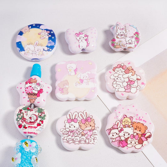 Cute Kitty, Cat & Bunny Series Different Shape Flat back Acrylic Beads