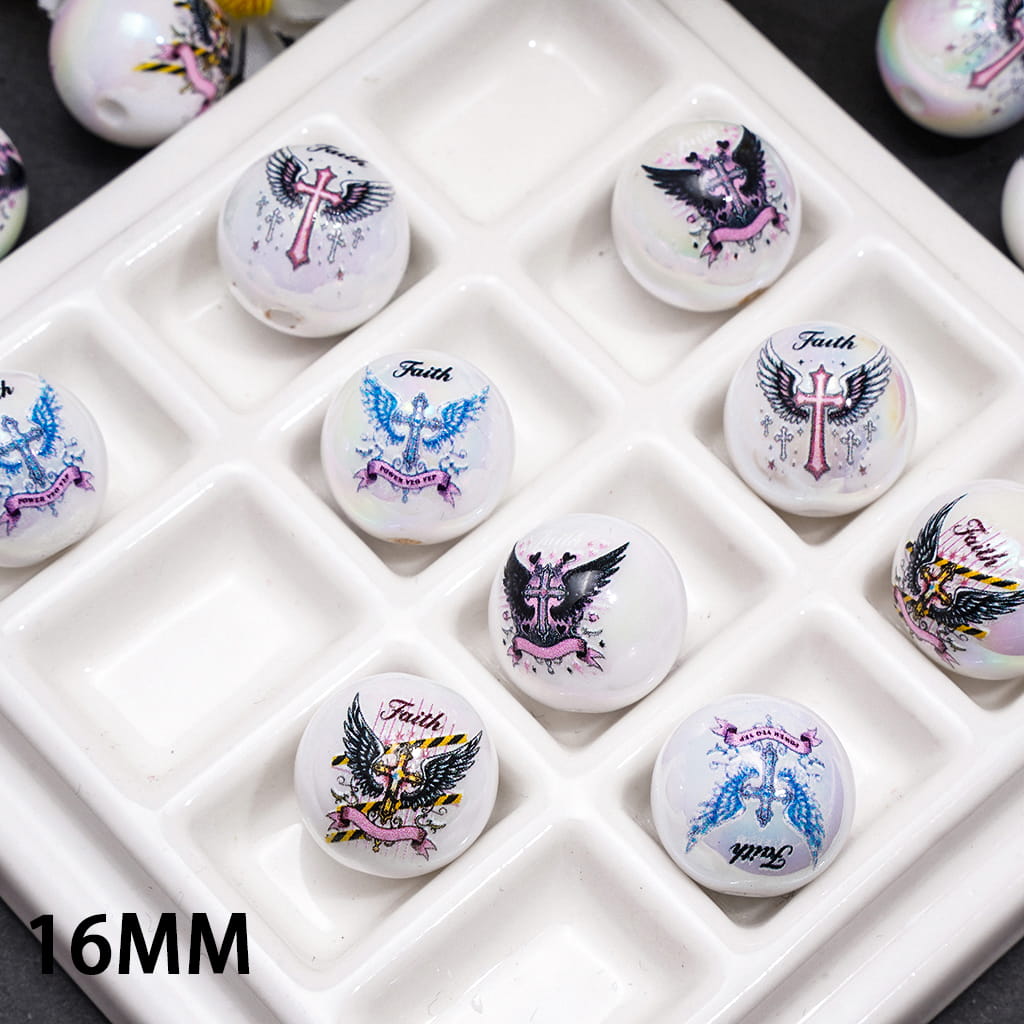 Acrylic Beads for Bracelets UV Coating with Religion Cross and Wings Patterns, 16MM, Random Mix