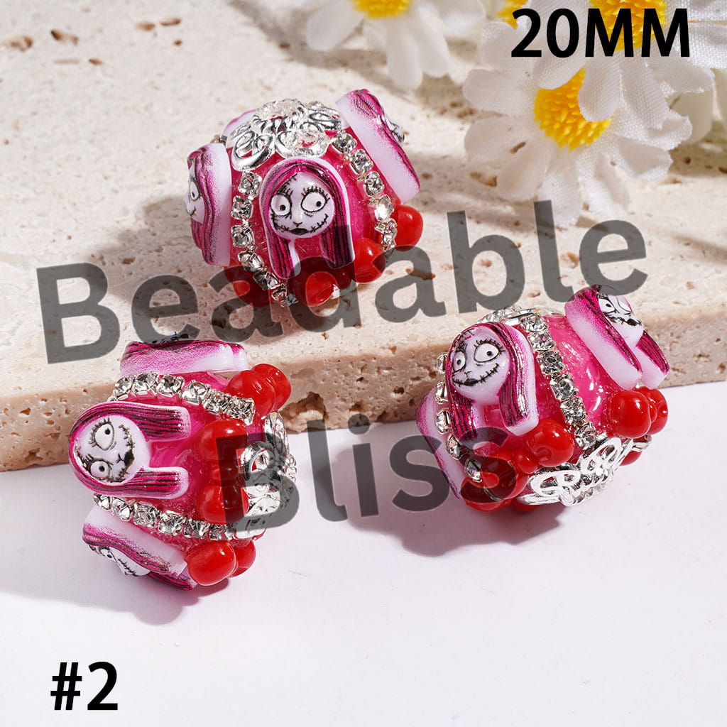 20MM - Handcrafted Acrylic Beads with Skull Skeleton Couple Character and Bowtie, Silver Metal Flower Base and Clear Rhinestone Chains