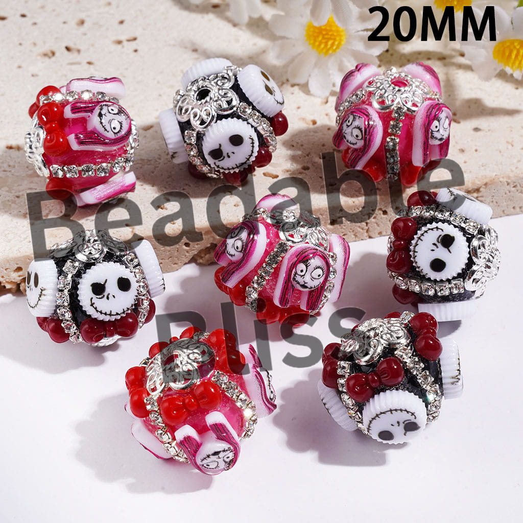 20MM - Handcrafted Acrylic Beads with Skull Skeleton Couple Character and Bowtie, Silver Metal Flower Base and Clear Rhinestone Chains