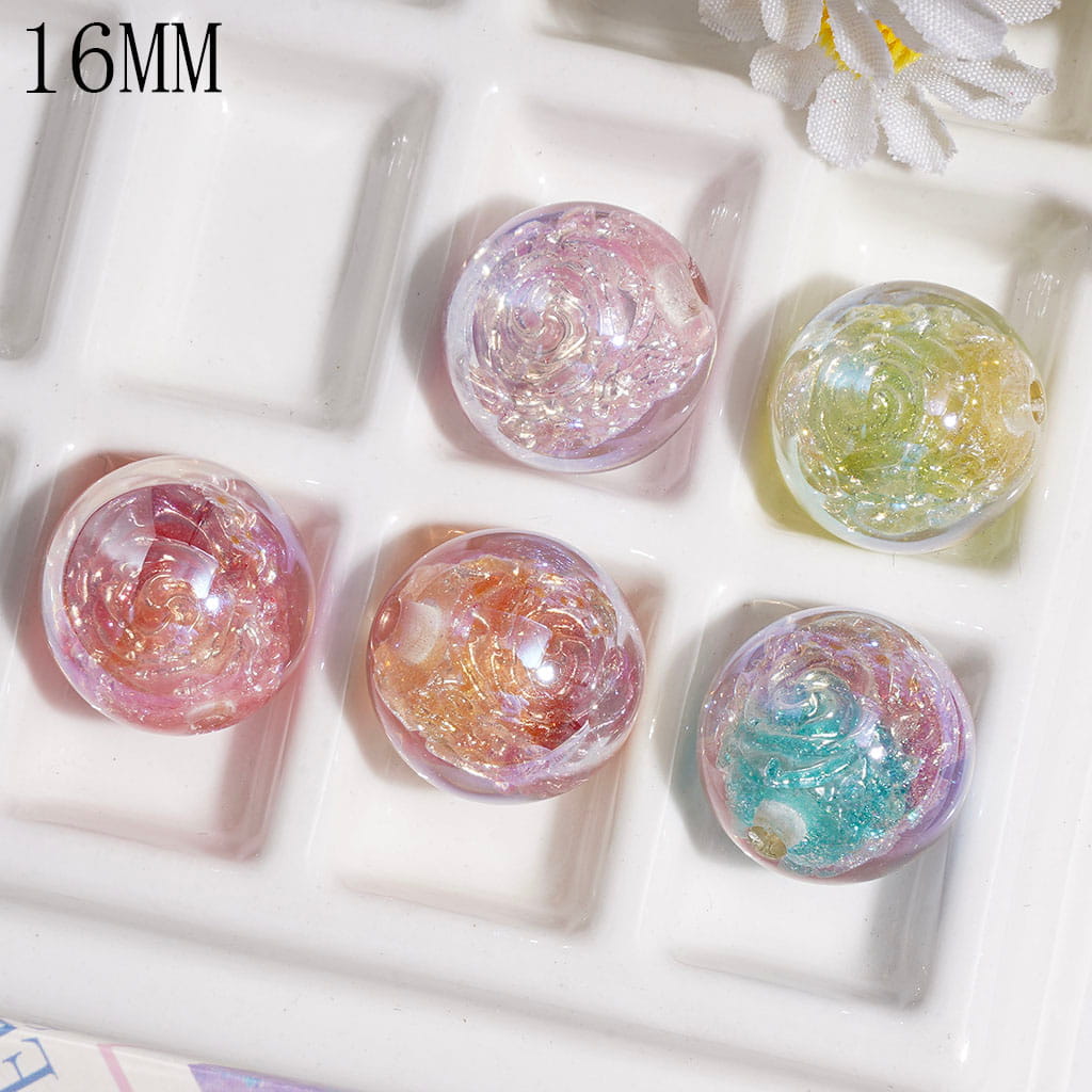UV-Coated Transparent Rose Flower and Glitter Dreamy Style Round Acrylic Beads for Bracelets, Multi-Color Random Mix