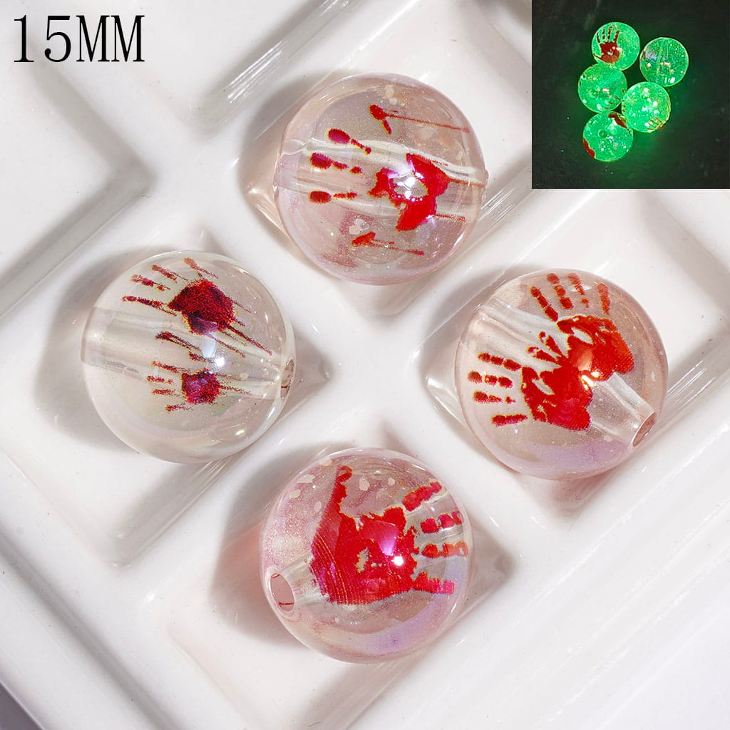 UV-Coated Transparent Luminous Clear Round Acrylic Beads for Bracelets with Red Hand Prints,15MM, Assorted Designs, Random Mix