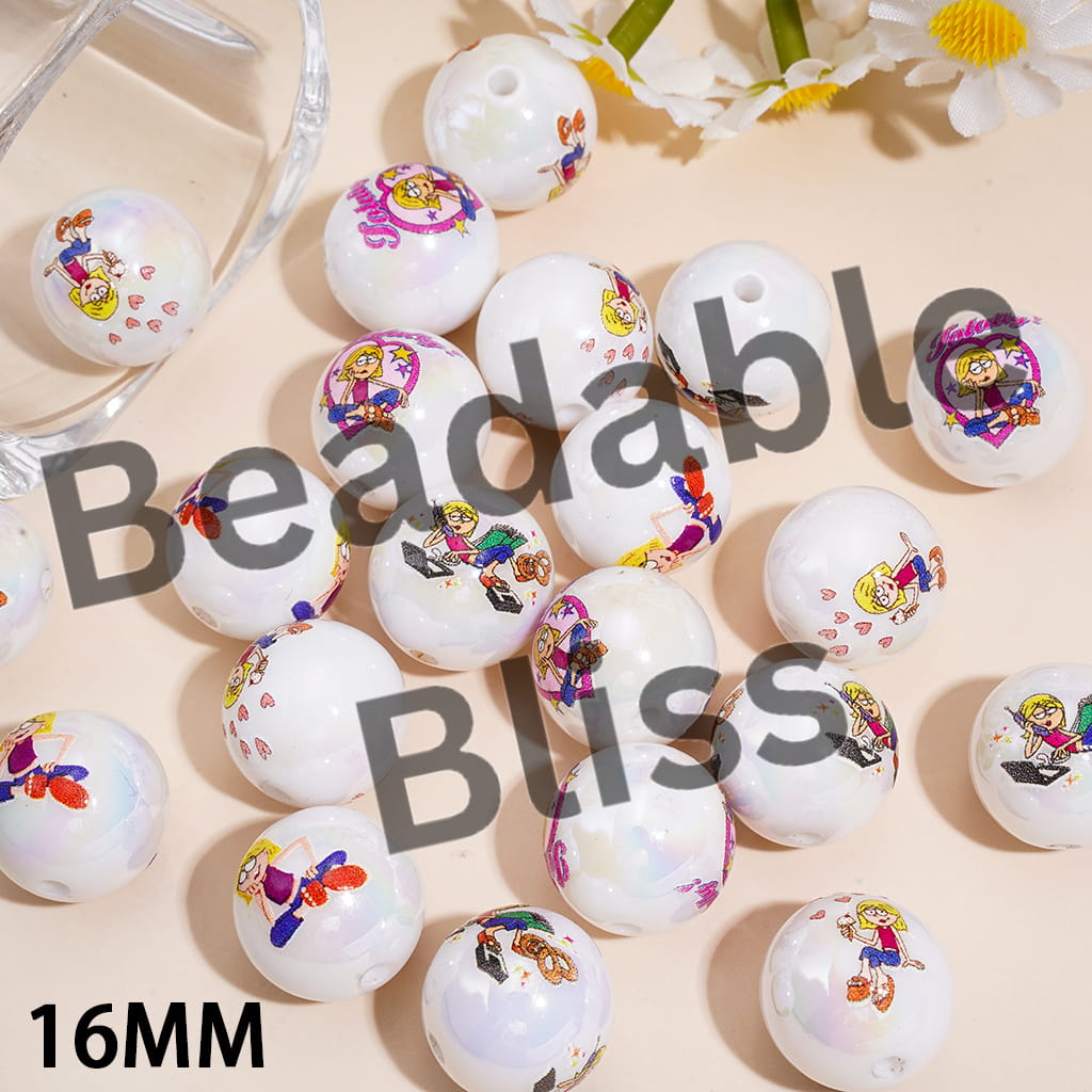 Acrylic Beads for Bracelets UV Coating with Golden Haired Child Character Prints, 16MM, Random Mix