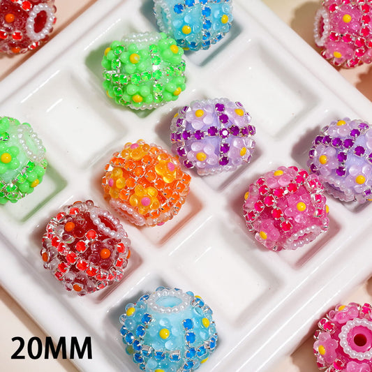 Flowers with Neon Rhinestone Chains & White Pearl Chains Round Handmade Acrylic Beads 20MM Random Mix