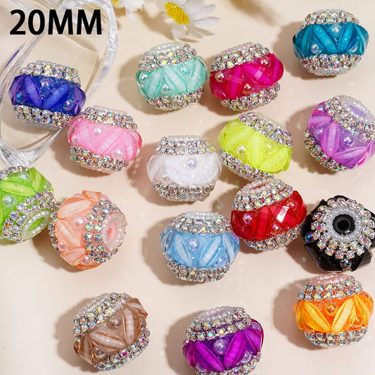 UV Coating Handmade Acrylic Beads w Leaf Rhinestones & Half-Shell Pearls, AB Rhinestone & White Pearl Chains, 20MM, Neon Colors