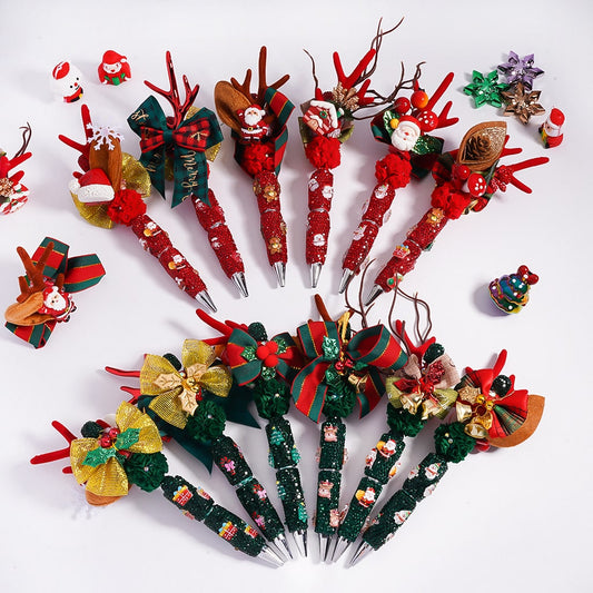 Christmas Series Deer Horn, Bowknot, Santa, Tree, Candy Cane, Snowman & Rhinestones Beadable Clay Pen