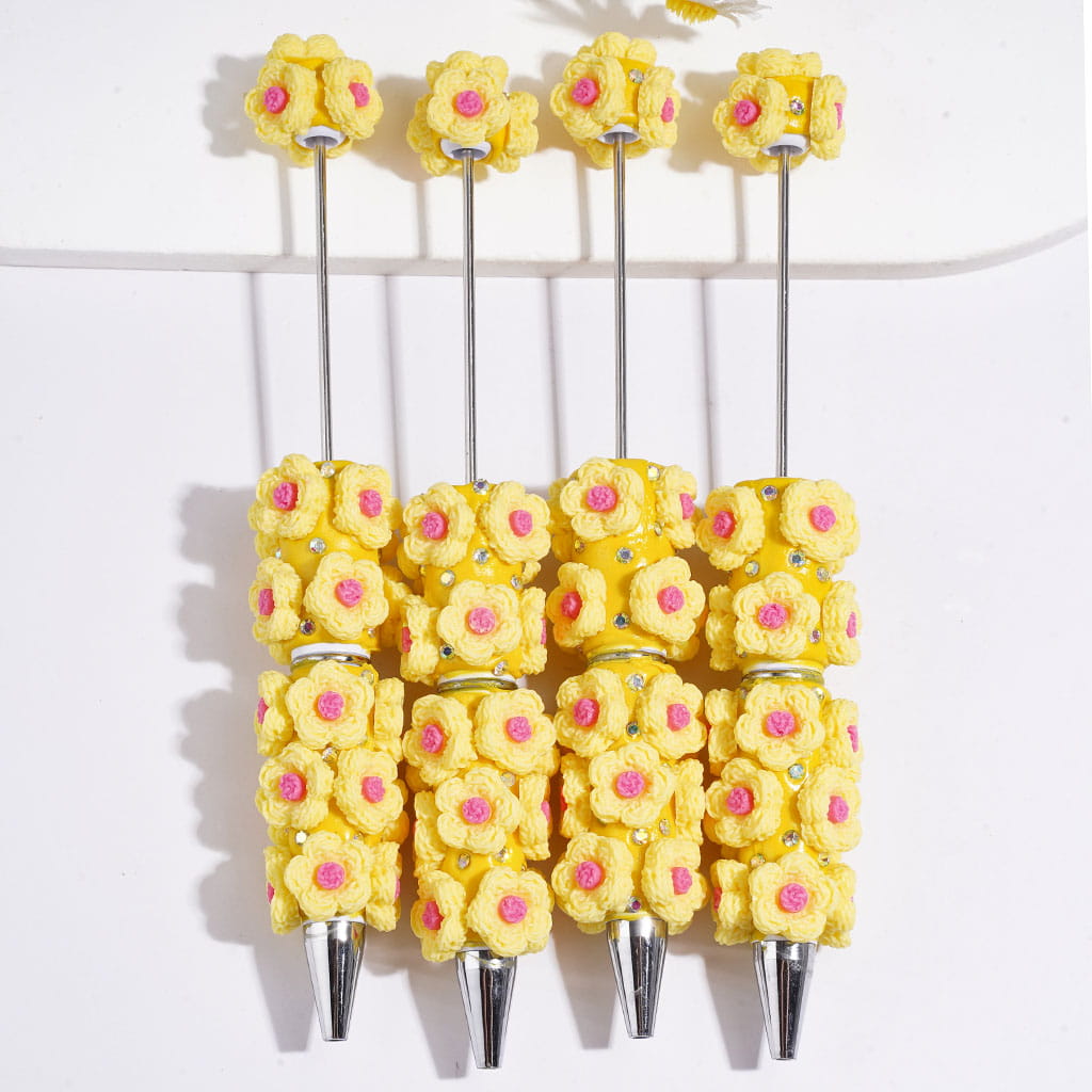 Beadable Clay Pens with Knitted Five-Petaled Flower and AB Rhinestones