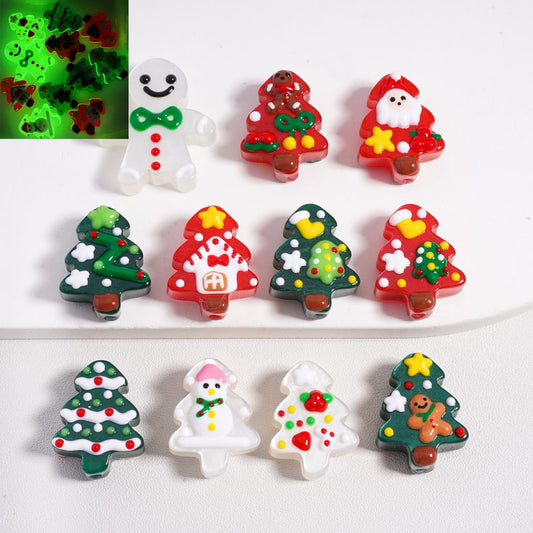 Luminous Hand-Painted Christmas Tree & Snowman Motifs, Acrylic Beads Random Mix