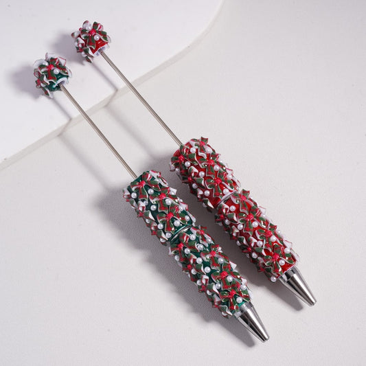 Red & Green Bowknots with White Pearls Christmas Theme Beadable Clay Pen