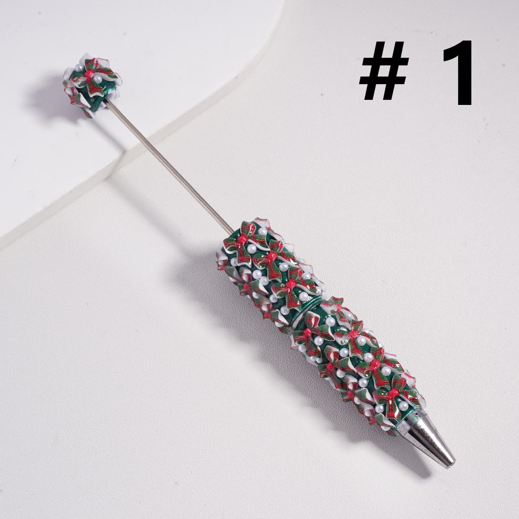 Red & Green Bowknots with White Pearls Christmas Theme Beadable Clay Pen