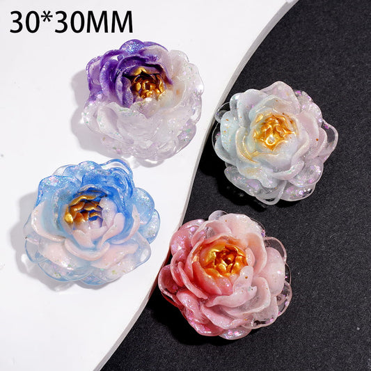 Acrylic Beads Ombre Color Peony Flower with Shiny Glitters, 30*30MM, Random Mix